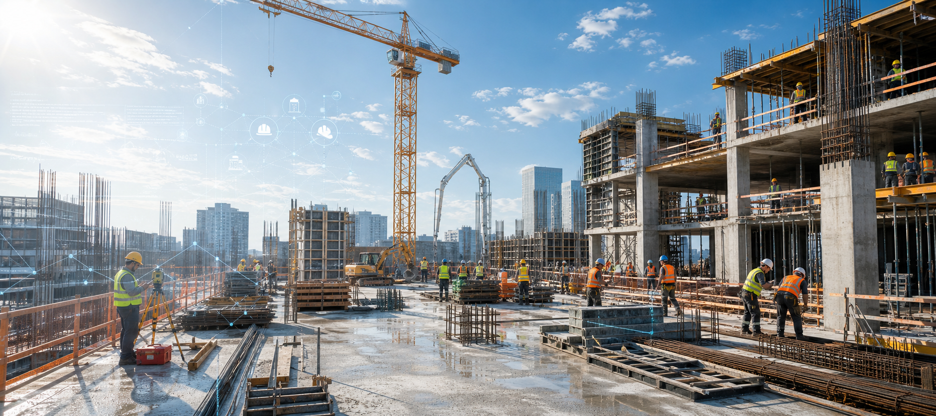 Bright construction site with workers and subtle digital overlays